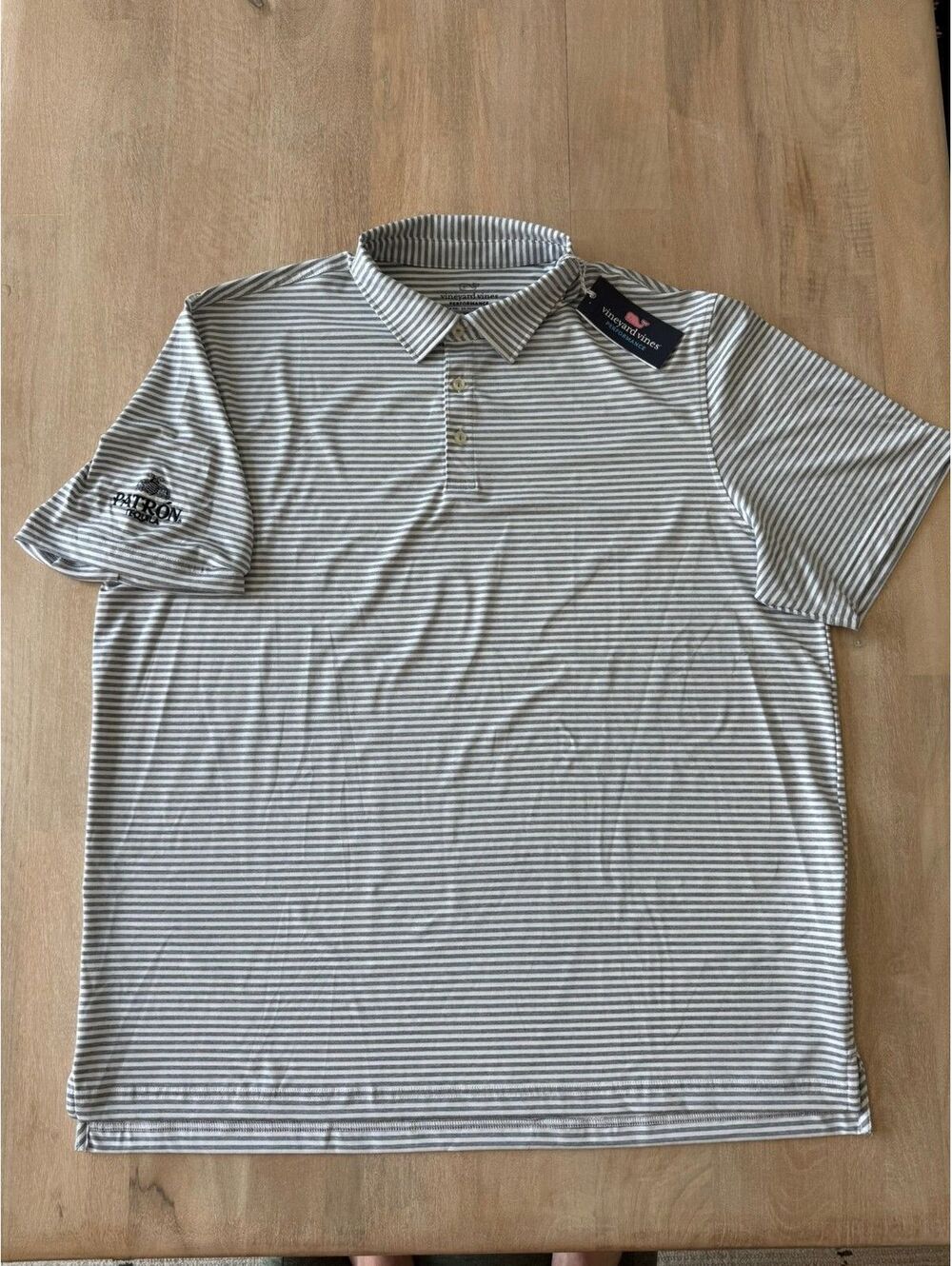 Vineyard Vines Men's Polo, Grey & White Stripe with Patron Tequila (Size XXL)